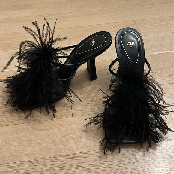 Zara Shoes - Zara Black Feather Trim Square-Toe Heel Mules